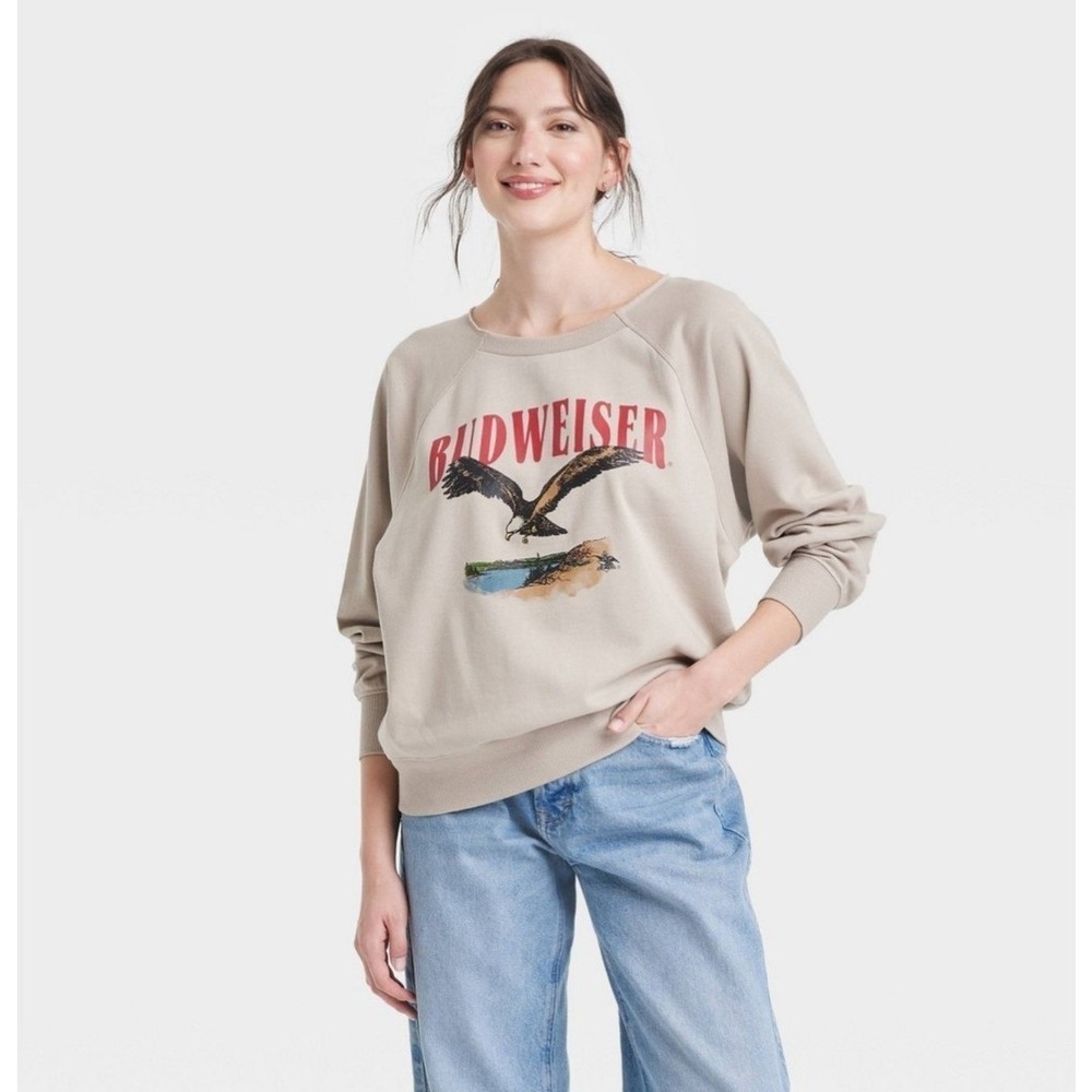 Budweiser Eagle Graphic Pullover Crewneck Sweatshirt Beige Womens XXS NEW